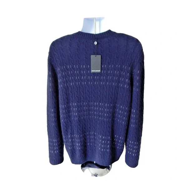 NWT AUTUMN CAHMERE Cable Striped Crew Sweater Navy Combo Cashmere Blend Men XL